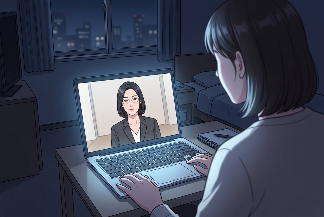ノート PC のビデオ通話の画面。画面の中に、40代の女性がまっすぐこちらを見ている。手前に、画面に顔を近づける若い女性の後ろ姿の肩。