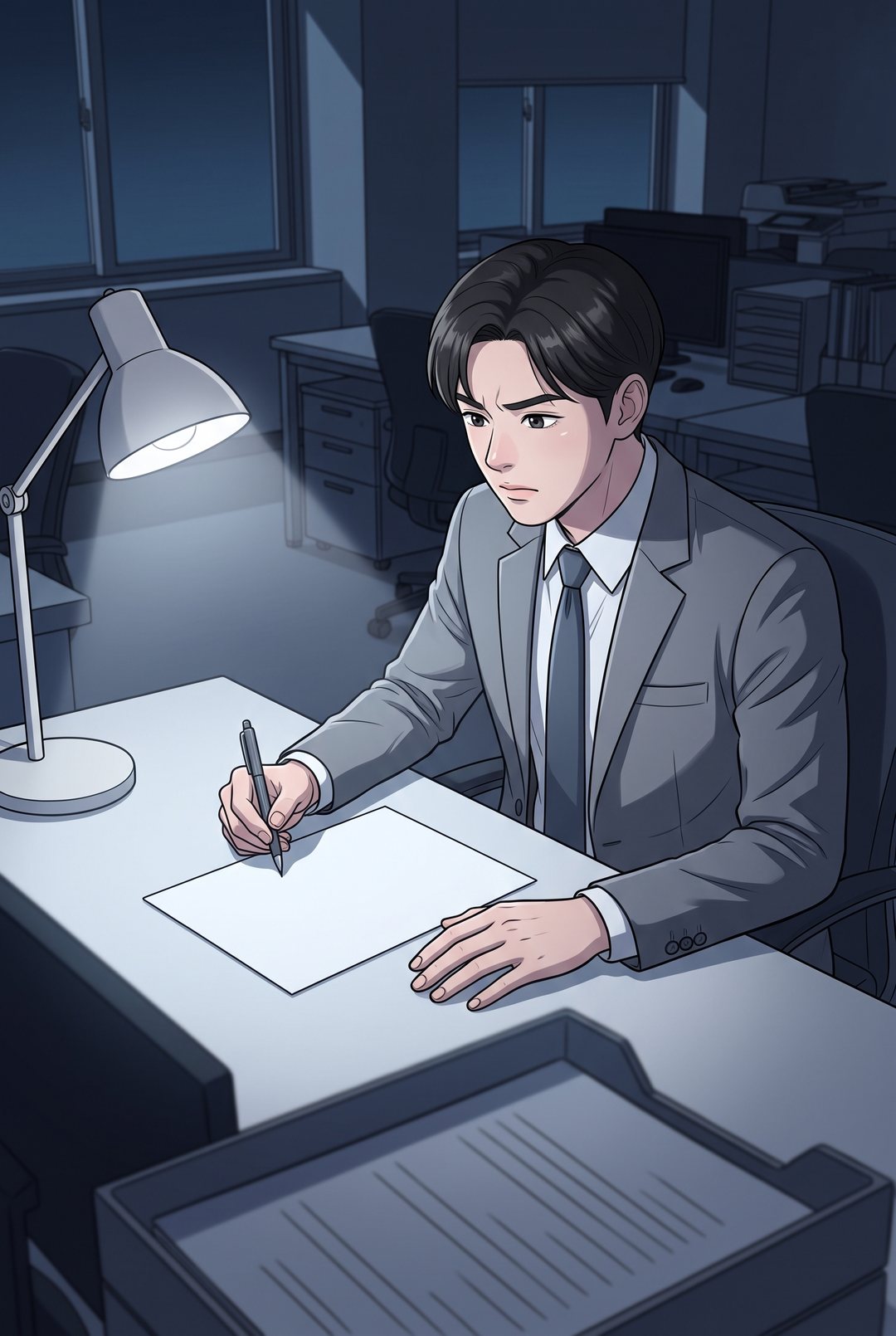 夜の商社の事務所。1人残った若い男性が、机で1枚の書類に向かい、ペンを止めて考えこんでいる。