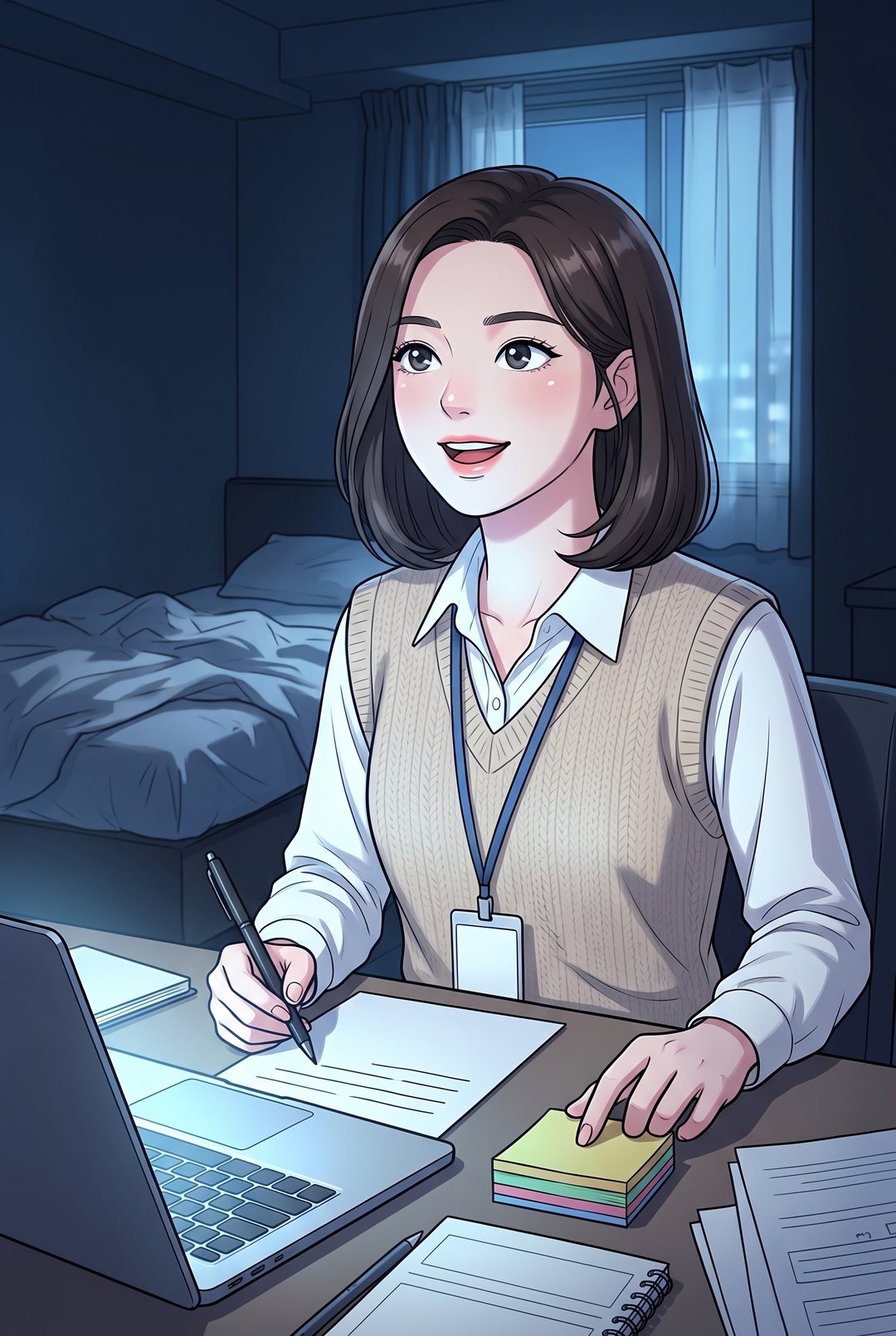 ホテルの机。若い女性が顔を上げ、目を輝かせる。手元に、白い紙とペンと、付箋の束。