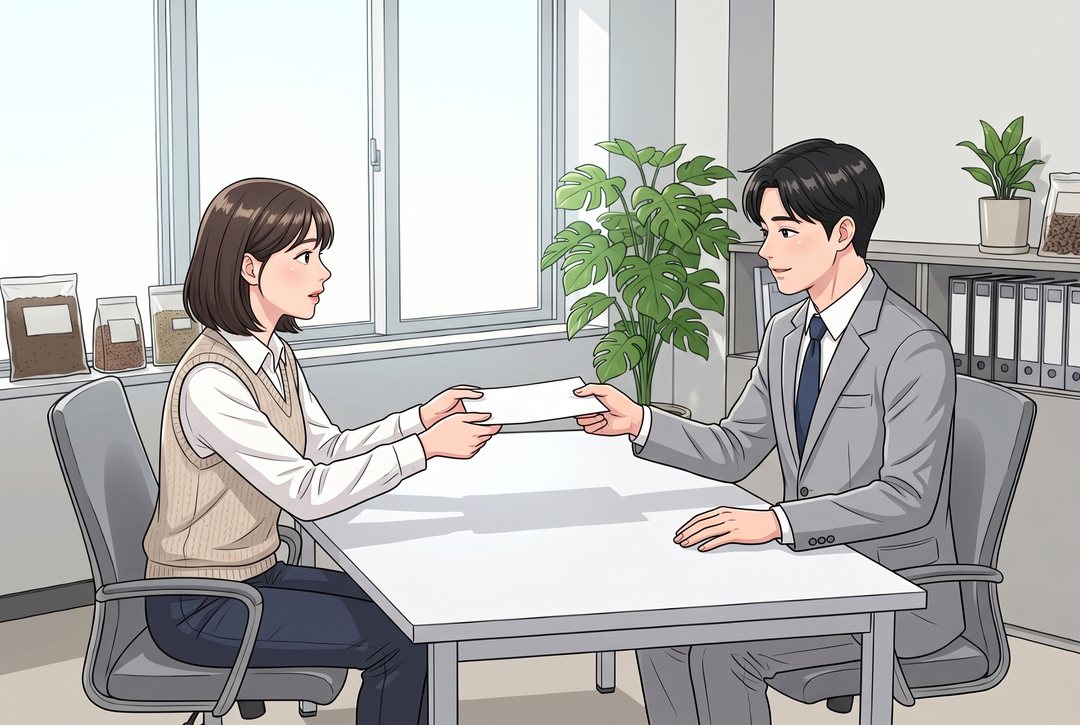 会議室の机。左の若い女性が、1枚の紙を両手で相手へ差し出す。右の若い男性が紙を受け取り、初めて小さく笑う。