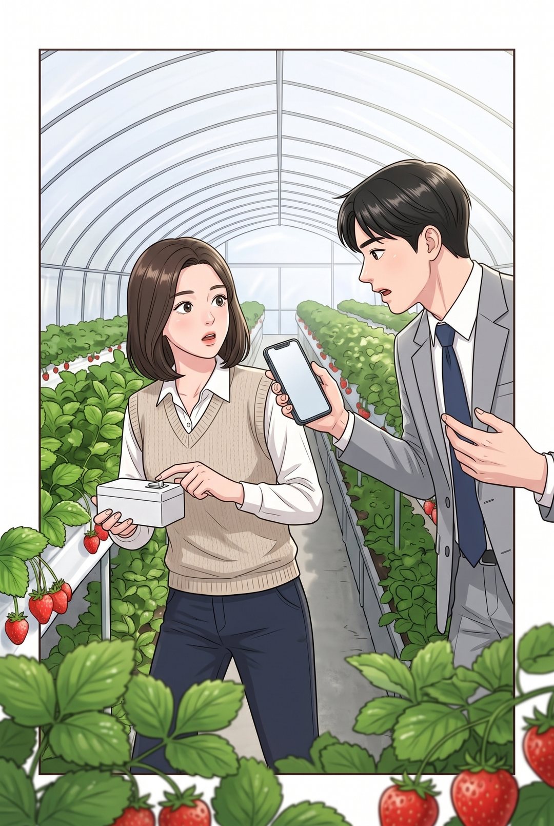 いちごのハウスの通路の引き。左で、白い箱の機械を持った若い女性が振り返る。右で、若い男性がスマホの画面を女性へ突き出し、もう片方の手を広げる。広げた手と、手前の苺の葉が、絵の枠の線を越えて外へ出る。