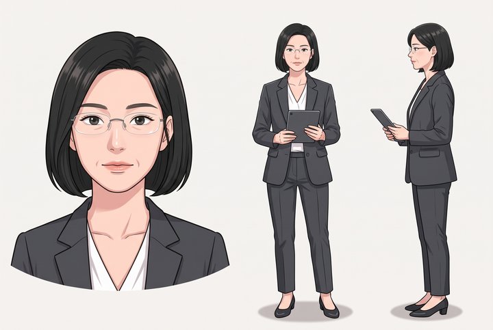 「前向きに、検討します。」のチャ ミンソの設定画（全身と顔）