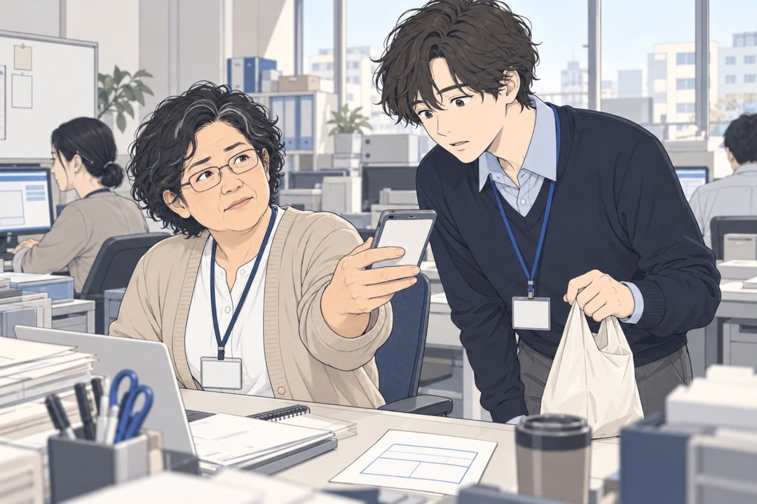 10月の終わりの昼休み、文具の卸の会社の事務所の総務の机。スマホの画面を見せる50代の女性と、弁当の袋を提げて立ち止まる若い男。机の上に電気の検針票の紙。