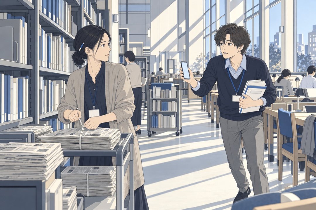 市立図書館の閲覧の階。新聞の束を台車で縛っていた司書の女性が、手を止めて振り向く。大きな窓の明るい光の中を、スマホと紙の束を持った若い男が小走りで来る。