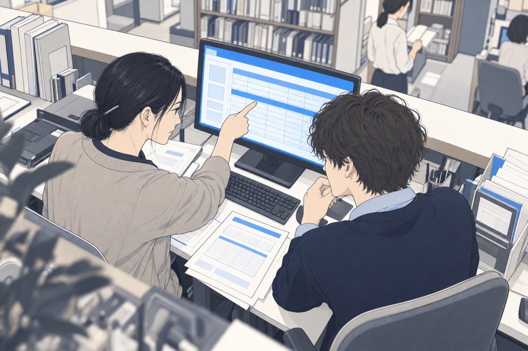 カウンター横の調べもの用の PC を、2人の背中越しに斜め上から。青く光る画面の表の1行を司書の指が指し、男は身を乗り出す。画面は線と枠だけ。