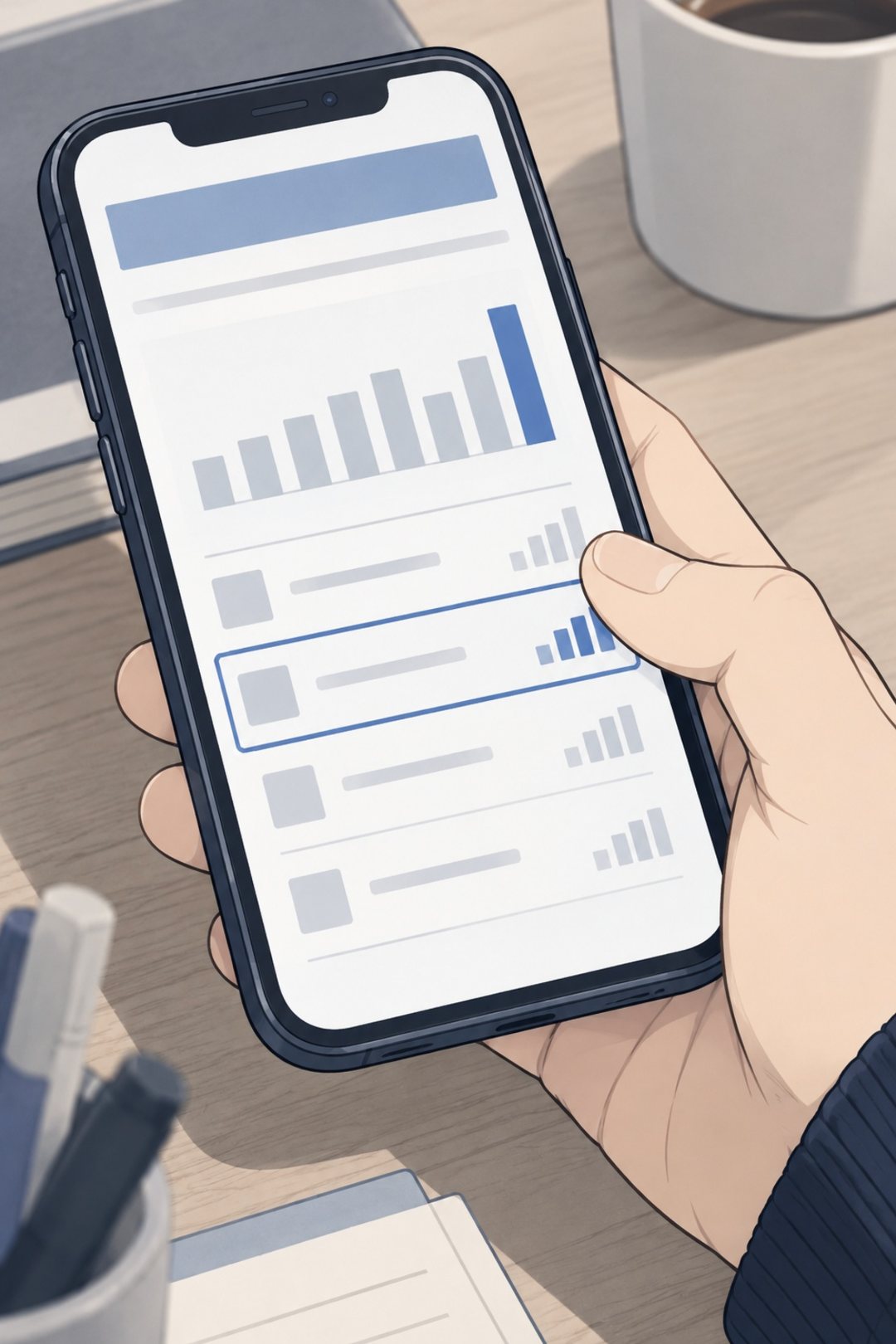 スマホの使用量の画面の寄り。欄の1行だけが青い枠で囲まれている。字の無い線だけ。