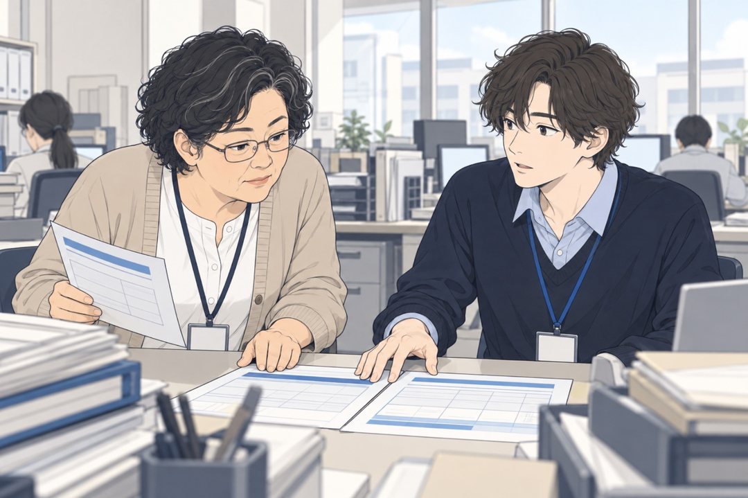 昼の事務所の総務の机。乙部が印刷した発表の紙を2枚並べる。紙をのぞきこむ宮地の手に、検針票。