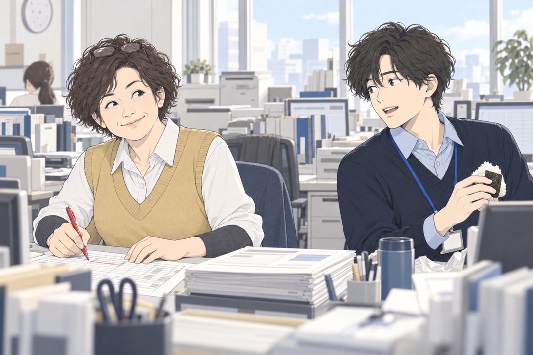 11月の昼の事務所。受注の机で、赤ペンを持って書類に線を引きながら含み笑いをする40代の女性。向かいの机で、おにぎりを持ったまま振り向く若い男。机の端に年末調整の書類の束。