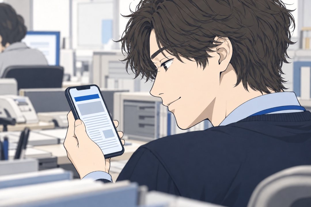 乙部の肩越しにスマホの画面。ニュースの見出しの所は青い帯と字の無い線だけ。画面を見て、口の端で軽く笑う乙部の横顔。