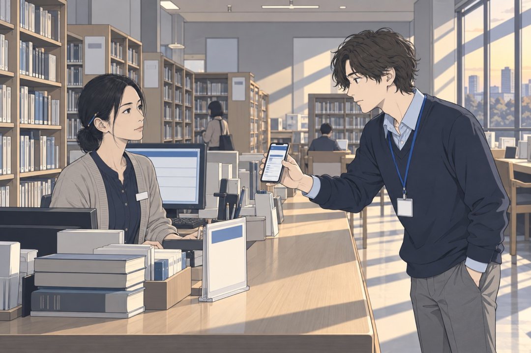 市立図書館の2階、調べもの相談のカウンター。スマホを差し出す乙部。カウンターの向こうで顔を上げる、髪を後ろで結んだ司書の女性。後ろに参考図書の棚。