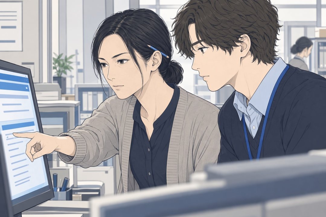 カウンターの横の調べもの用の PC を、2人で肩を並べてのぞく。画面は線と枠だけ。司書の指が画面の1行を指す。