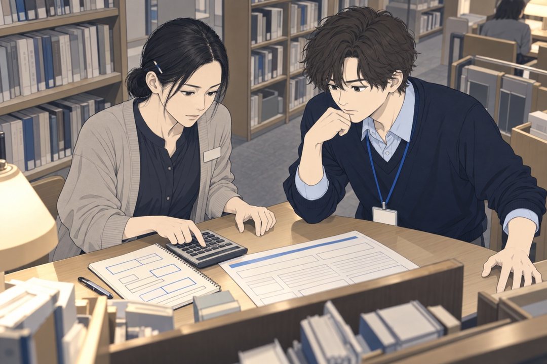 カウンターの上で電卓を打つ司書と、あごに手を当てて身を乗り出す乙部を斜め上から。メモ用紙と年末調整の書類。卓上のスタンドの灯り。