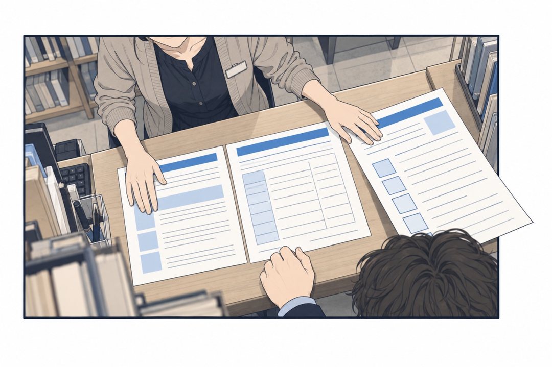 司書がカウンターに印刷した紙を3枚、横に並べて置くのを真上から。紙は青い帯と線と枠だけ。手前に乙部の頭と手。3枚目の紙の角が枠の右の線を越える。