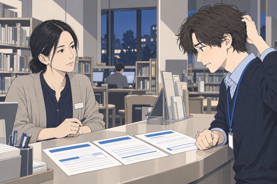 3枚の紙を前に、頭をかく乙部の横顔。カウンターの向こうで静かにうなずく司書。窓の外は夕方の暗い青。