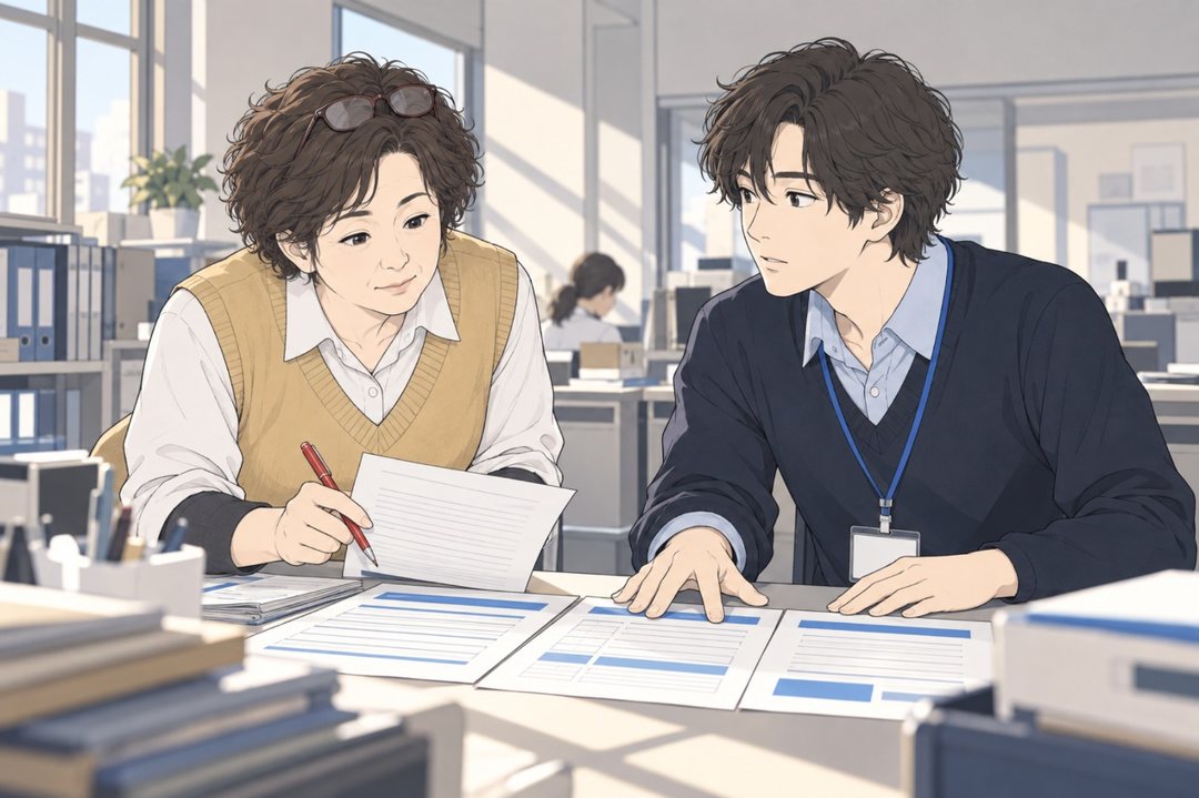 朝の事務所。根岸の机に、乙部が3枚の紙を並べて見せる。紙を手に、赤ペンを持ってのぞきこむ根岸。