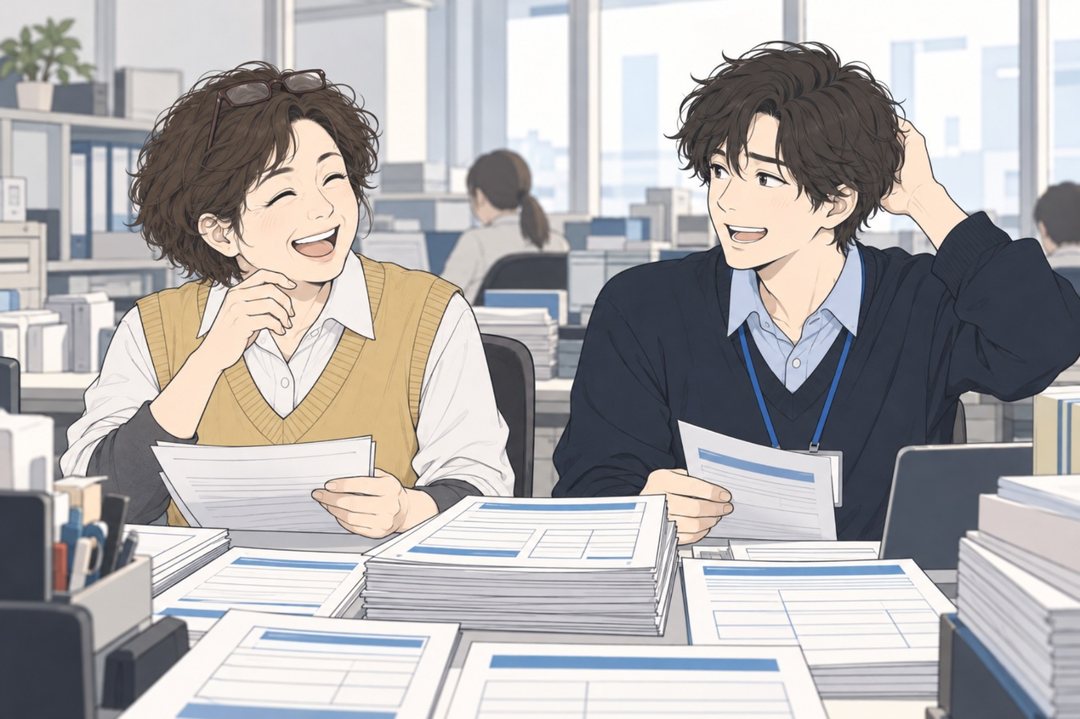 声を出して笑う根岸と、照れて頭をかく乙部。2人の机の間に年末調整の書類の束。