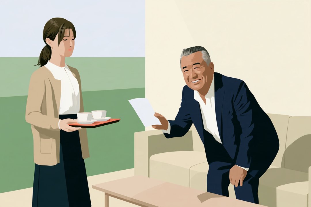 会社の応接室。左で、お茶を運んできた女性が、盆を持ったまま固まる。右で、日に焼けた取引先の部長がソファーの前で身を乗り出し、笑顔でチラシ(字は無い)を見せる。