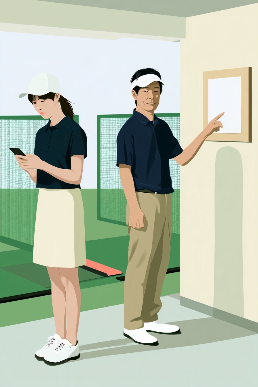 練習場の受付の横の掲示板の前。左で、女性がスマホの予約の画面を見つめる。右で、コーチが掲示板の貼り紙（字は無い）を指さす。