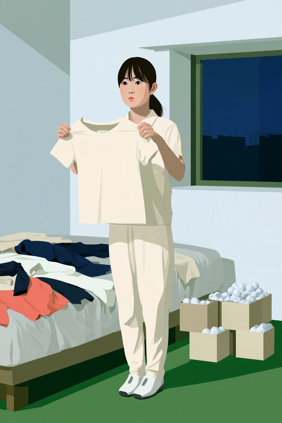 夜のワンルーム。ベッドの上に服を全部並べ、襟の無いTシャツを両手で持ったまま固まる女性。床に、ゴルフボールの箱がいくつも積んである。