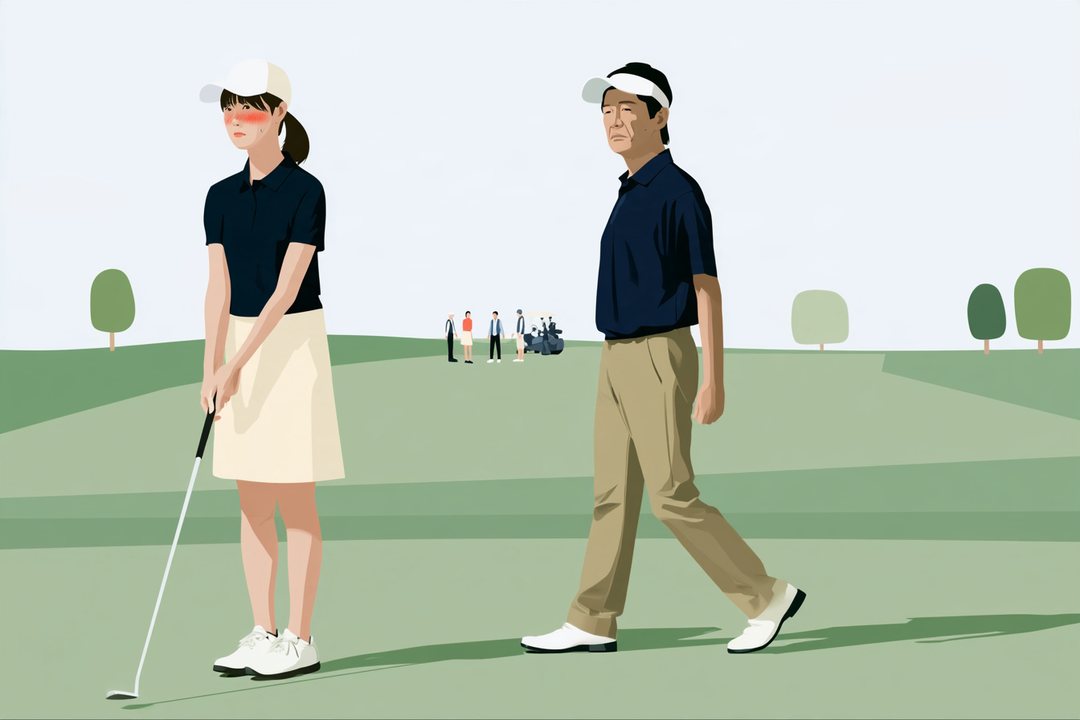 1番ホールのティー。左で、顔を赤くした女性がクラブを握りしめる。右から、コーチが落ち着いた顔で歩いて来る。奥で次の組が待つ。