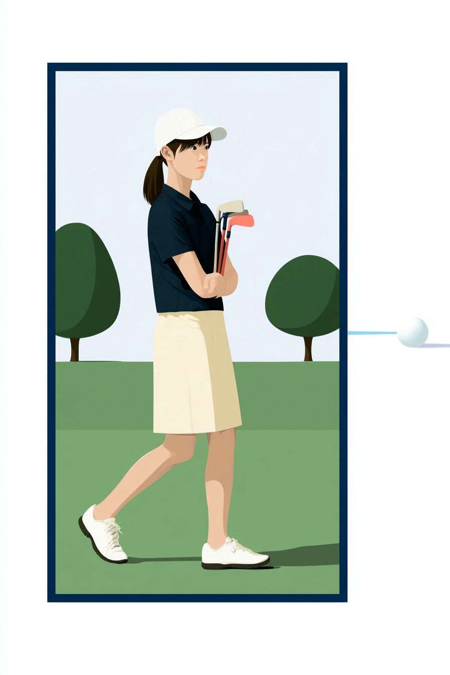 3回目のショット。低く飛んだボールが、絵の枠の右の線を越えて外へ飛び出す。クラブを胸に抱えて、球の方へ歩き出す女性。