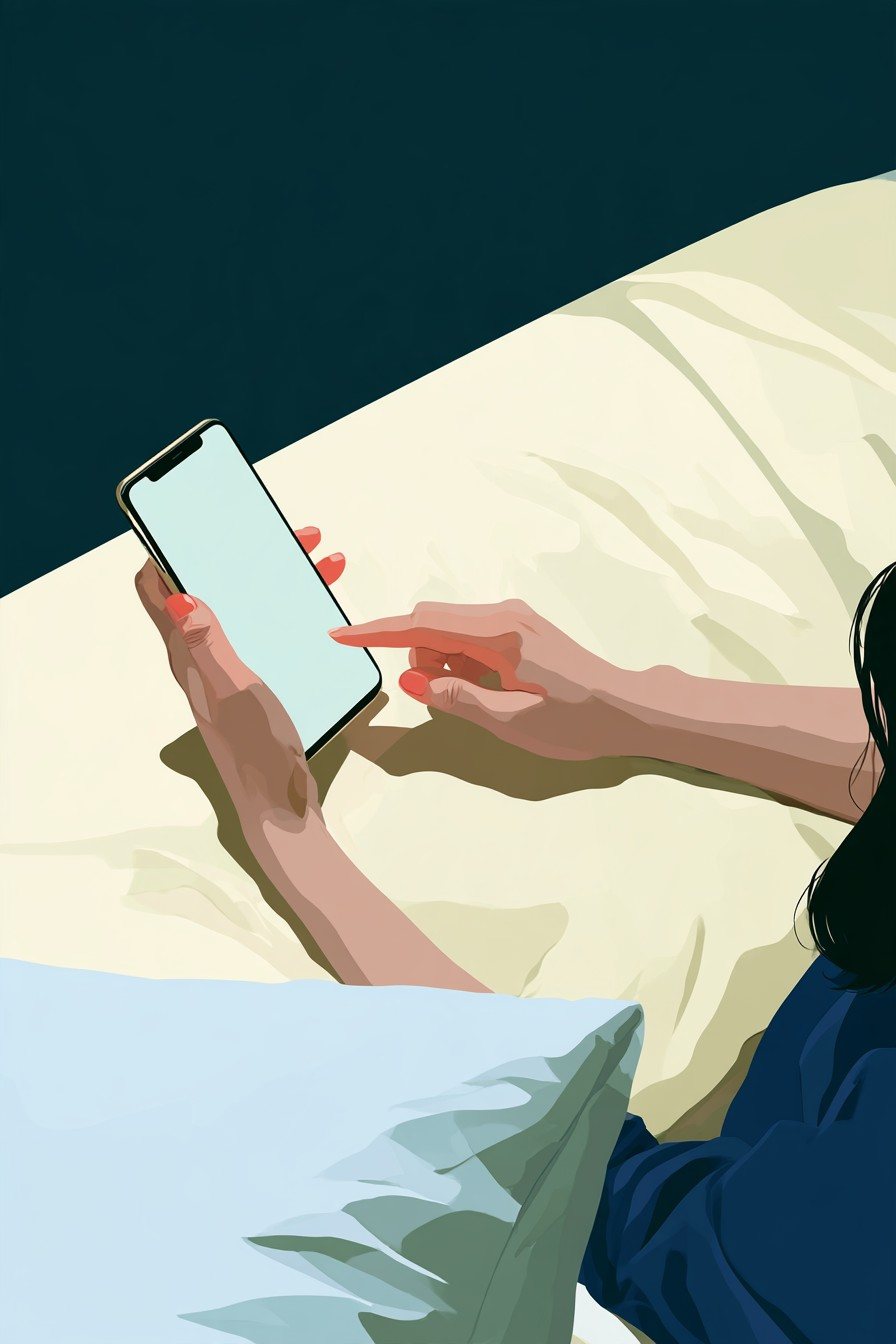 夜の部屋。ベッドに寝転がり、スマホに打ち込む女性の手の寄り(光る画面に字は無い)。