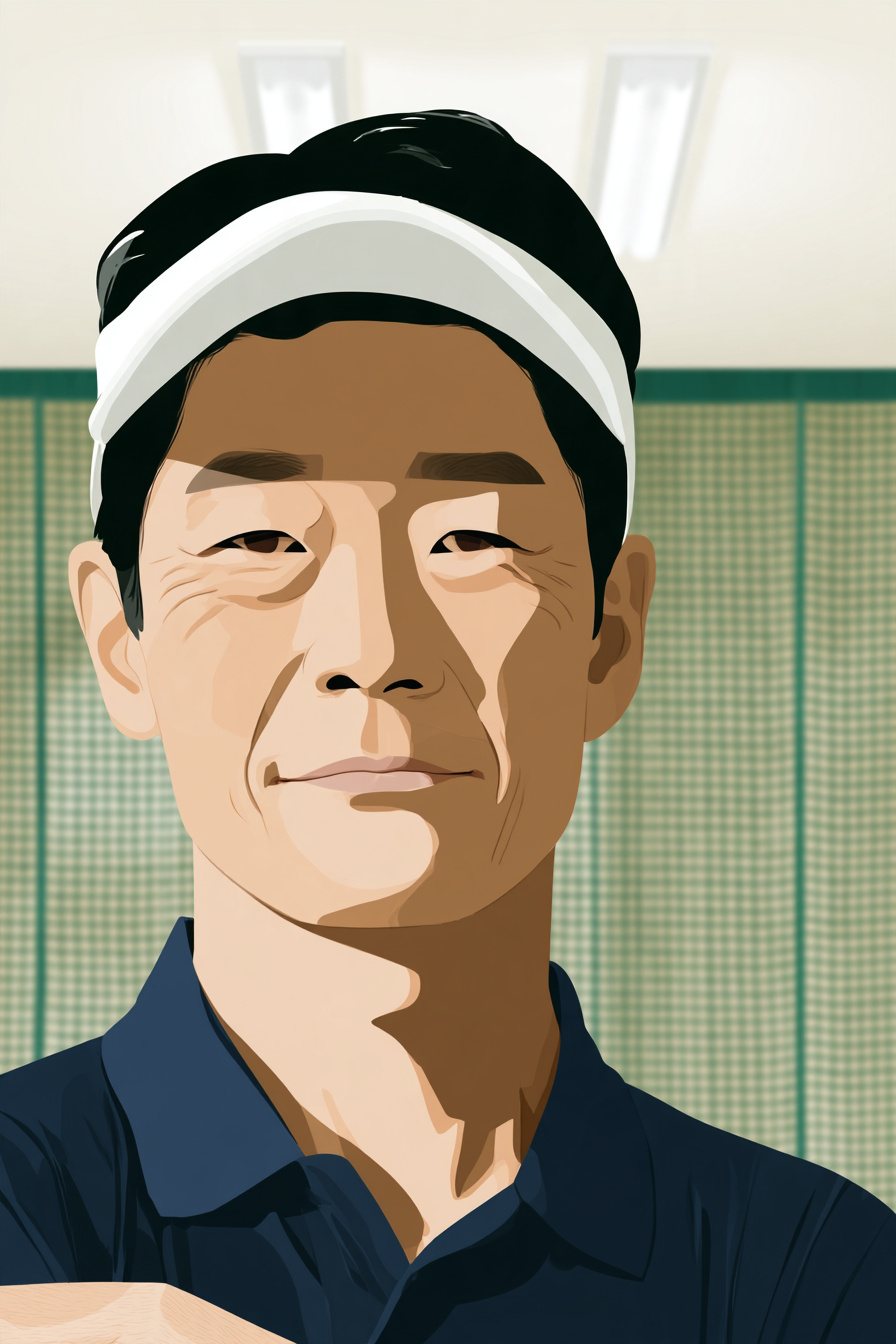 コーチの顔の寄り。腕を組んだまま、目だけを少し細めて笑う。天井の白い明かり。