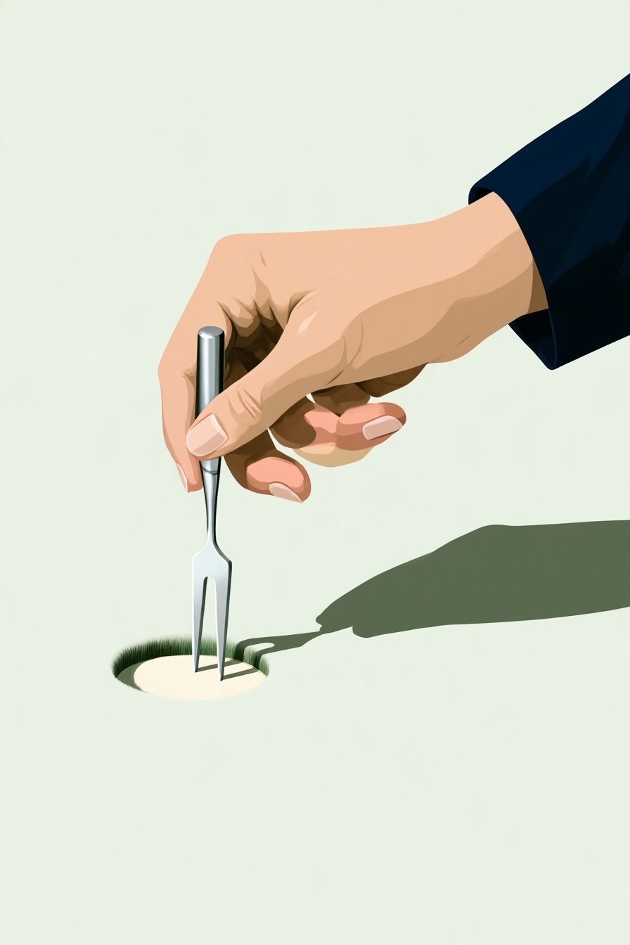 グリーンの上の手元の寄り。紺の袖の手が、二股の道具を、ボールが落ちてできた小さなへこみのふちに差し込む。斜め上から。