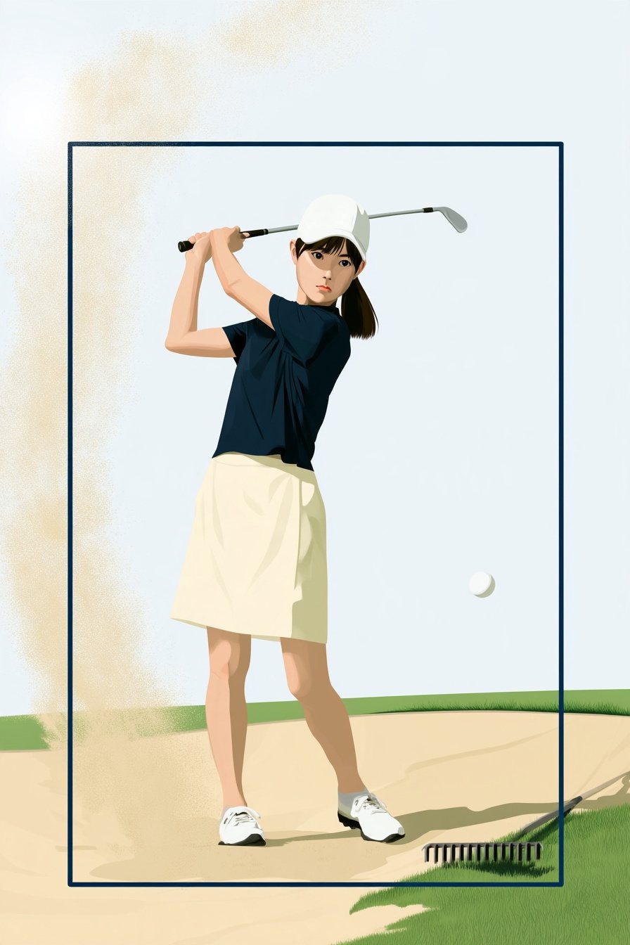 9番のバンカー。縁にレーキを置いた女性が、一度で球を打ち出す。砂のしぶきが、絵の枠の上の線を越えて外へ飛ぶ。