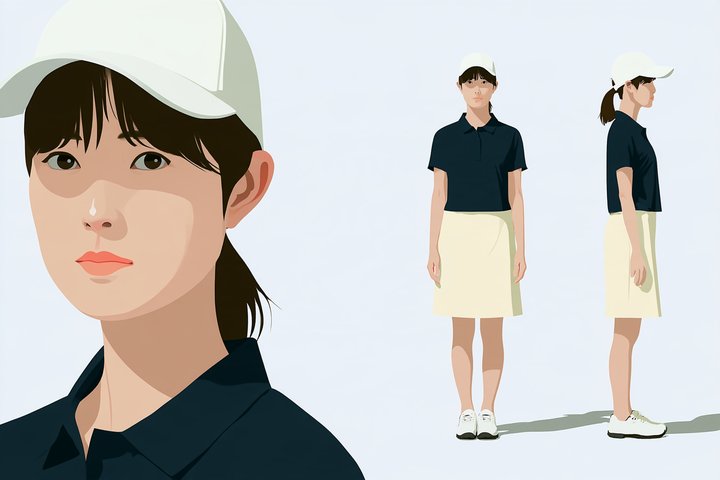 「打ちっぱなし1年、コースは0回。」の有村 ちひろの設定画（全身と顔）
