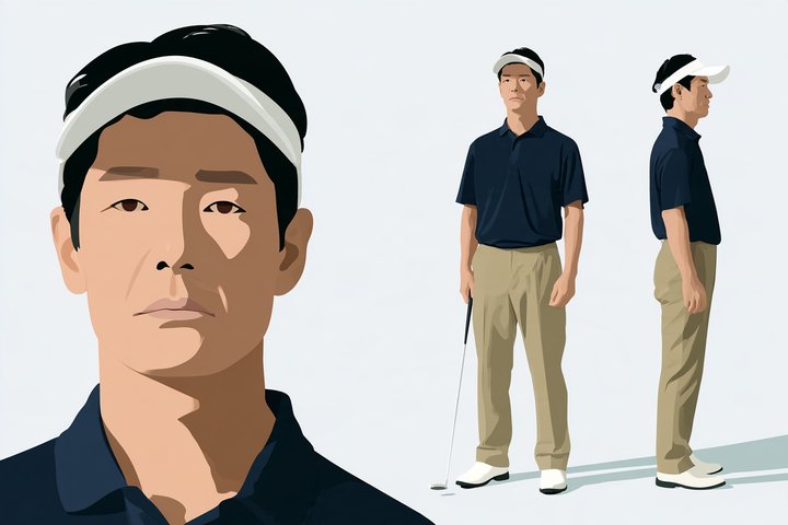 「打ちっぱなし1年、コースは0回。」の戸張 伸二の設定画（全身と顔）